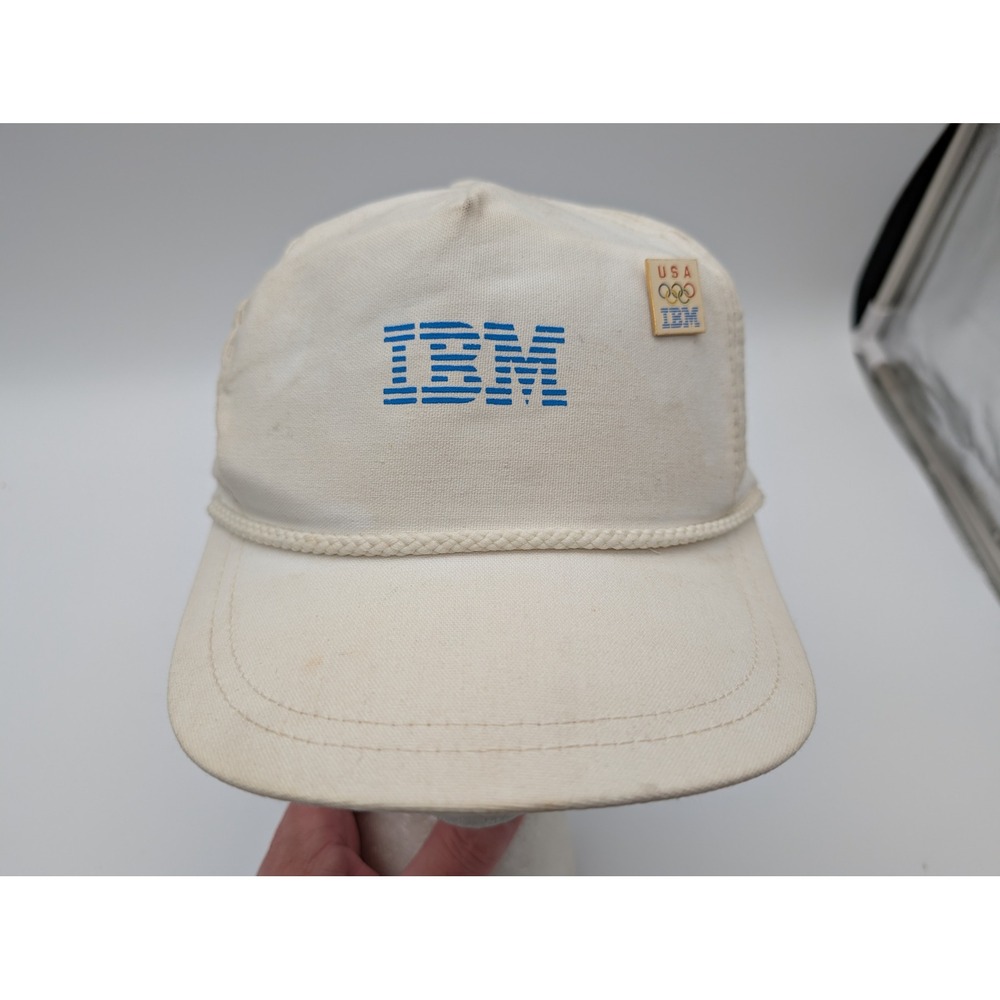 Vintage IBM USA Olympic Pin Rope Hat White Cotton Golf Strapback Cap